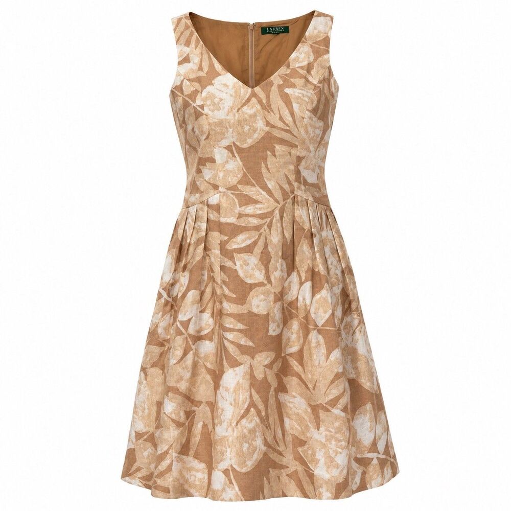 Lauren Ralph Lauren Womens 12 Floral A-Line V-Neck Sleeveless Linen Knee Dress